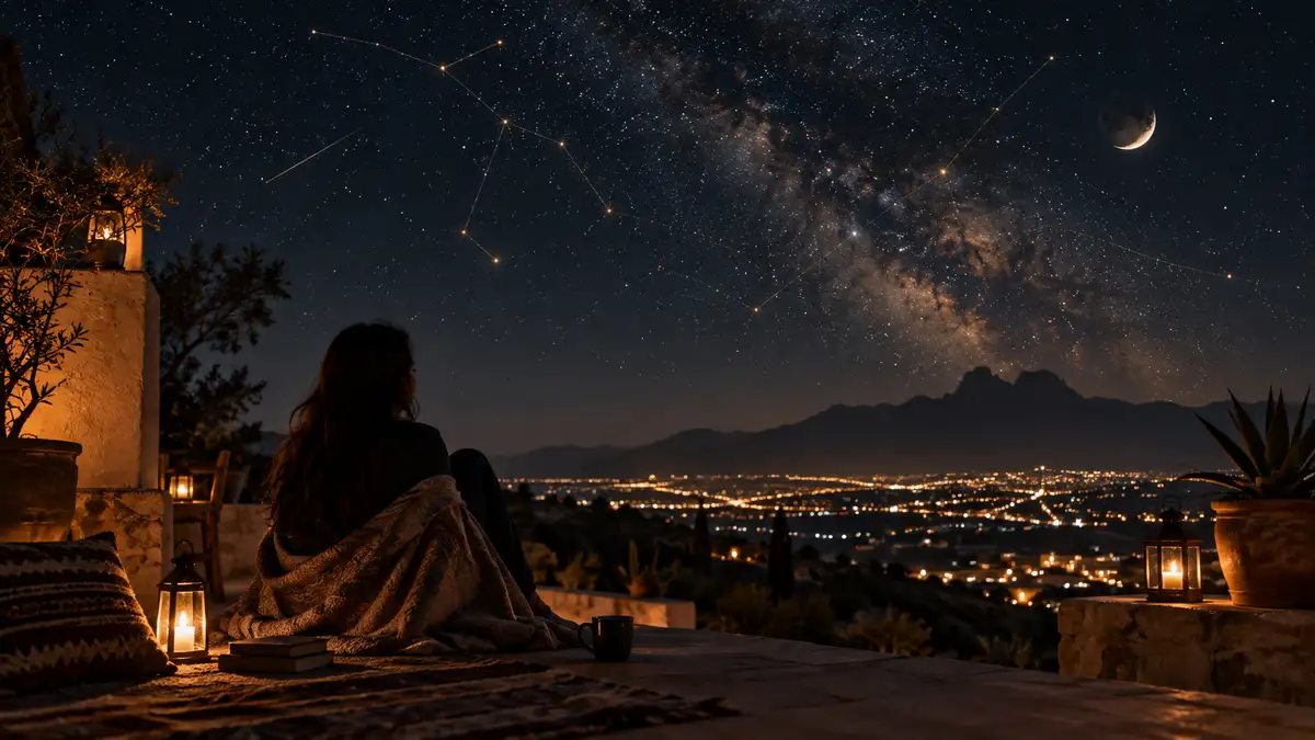 Persona contemplando el cielo nocturno desde una terraza.