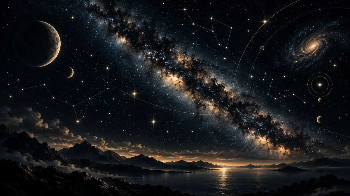 Vía Láctea y referencias de cartografía celeste sobre un paisaje montañoso.