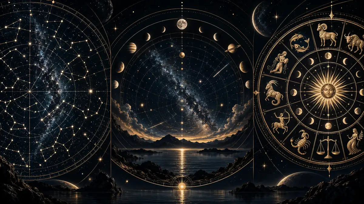 Cartografía celeste sobre un paisaje nocturno.
